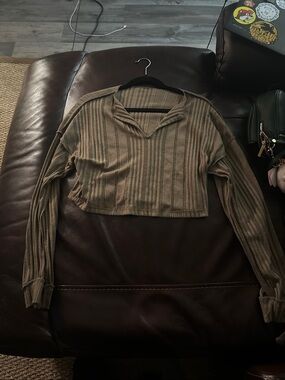 Striped Cropped Long Sleeve Top - Olive/Brown